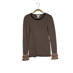 Nanette Lepore Merino Wool Sweater Black Tan Stripes Ruffle Cuffs Size Small